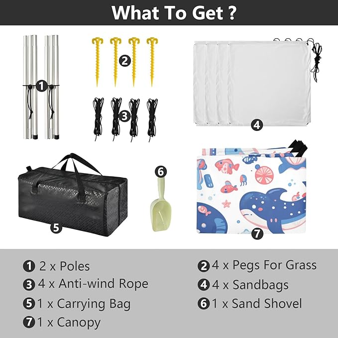 Sea Animals and Ocean Creatures Beach Cabana Tent UPF50+ Protection Water-Resistant Portable Sun Shelter Includes Sand Shovel Sandbags Stability Poles for Camping Fishing Backyard Fun