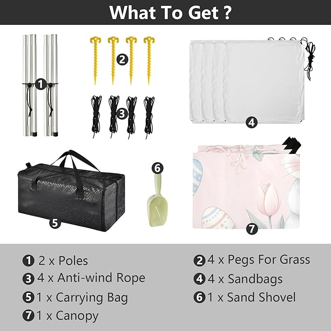 Easter Bunny Beach Canopy Sun Shelter with Sandbags &amp Sand Shovel &amp Windproof Ropes - Portable 110x126 Beach Shade Beach Tent for Camping Picnics