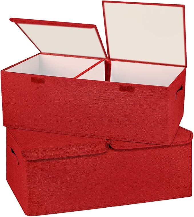 2 Pack Large Storage Boxes with Lids and Handles Collapsible Linen Storage Bins Organizer Containers Baskets Cube with Removable Divider for Home Bedroom Closet Office (Red Small)