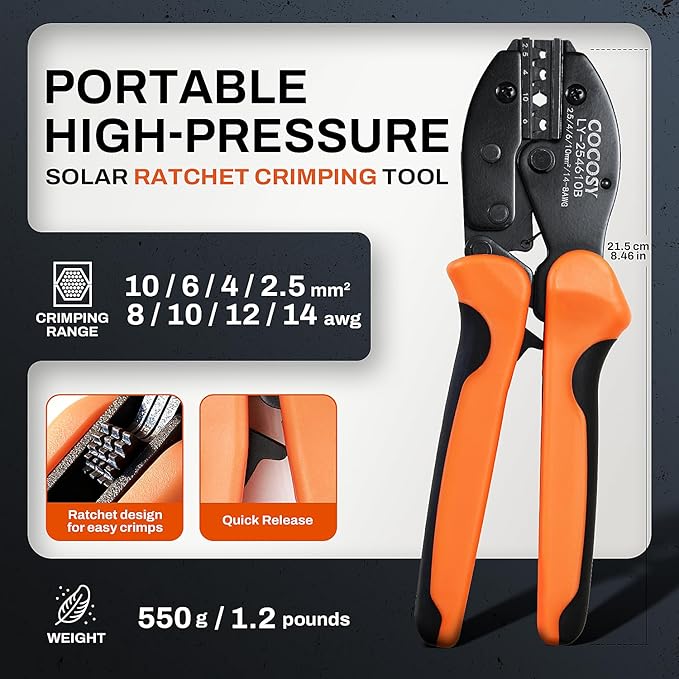 Solar Crimping AWG 8-14 Compatible with Solar Connectors Solar Crimper Ideal for AWG8 AWG10/12/14 (2.5-10mm²) Wires - Precise Solar Ratcheting Crimper for PV Systems