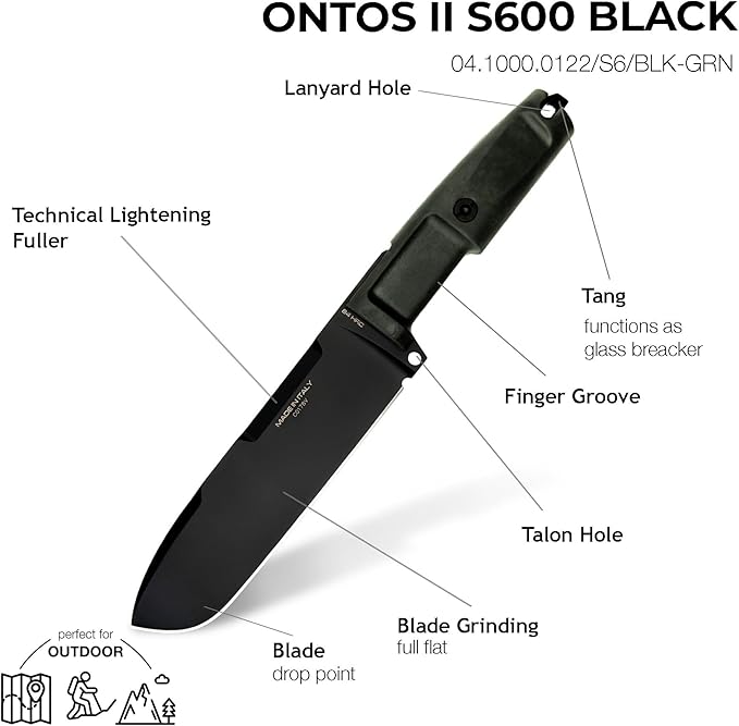 Extrema Ratio - Ontos II S600 (BLACK) Fixed Blade Knife S600 steel blade hardened to 58 HRC black burnished finish paracord-wrapped handle rear striking pommel handcrafted in Italy