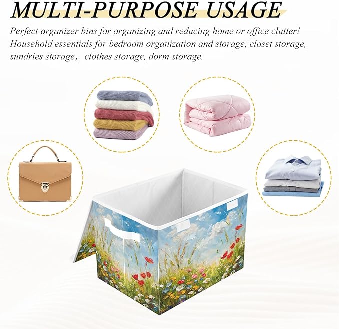 senya Large Storage Bins with Linen Oil Painting Flower Collapsible Foldable Storage Cubes Fabric Closet Organizer Containers Box with Flip-Top Lid for Home Bedroom Office 16.7 x 12.6 x 11.8in