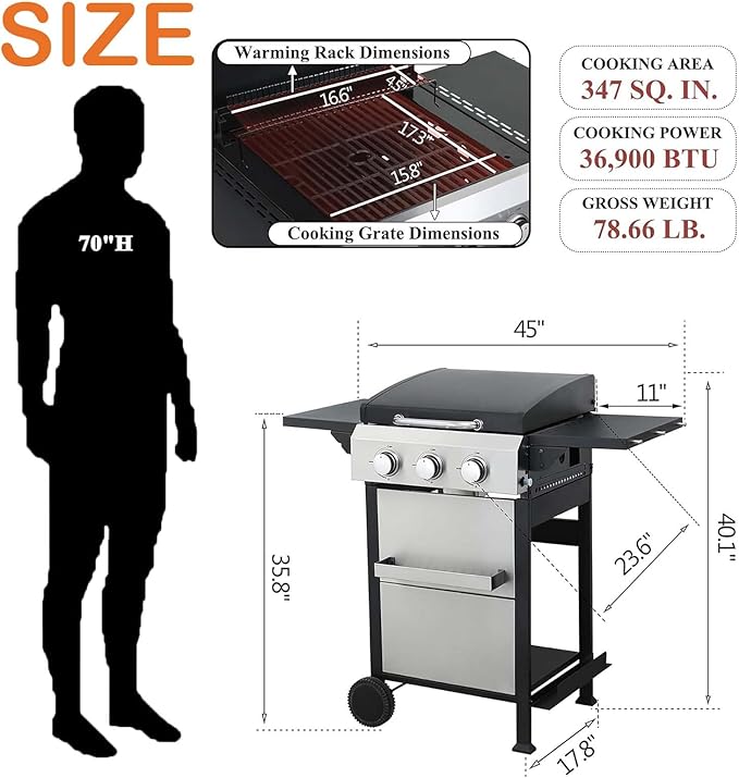 3 Burner BBQ Propane Gas Grill with Plancha Griddle Stainless Steel Patio Garden Barbecue Grill with Two Side Shelves36900 BTU Outdoor Barbecue Cooking with Top Cover Lid