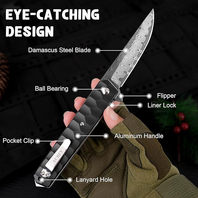 AUBEY Damascus Pocket Knife with Clip Tanto Blade Damascus Steel Folding Knives for Men Tactical Aluminum Handle with Glass Breaker for EDC Camping