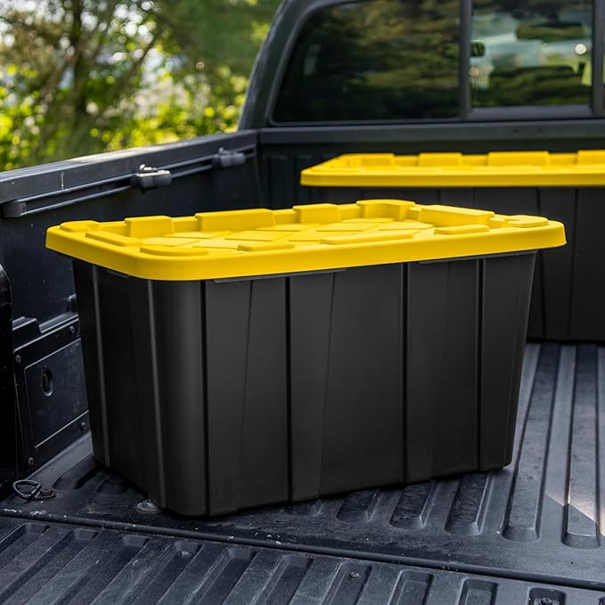 G 63 Star Lite 27 Gallon Industrial Storage Tote with Snap-Fit Lid Black Base with Yellow Lid Stackable Heavy-Duty Plastic Bins 6-Pack