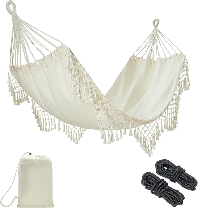 JoyView Boho Macrame Single Hammock with Hanging Ropes &amp Elegant Tassels 78.8x39.4 Portable Cotton Hammock for Patio Backyard Porch 300LBS Weight Capacity Perfect for Outdoor/Indoor - Beige Color