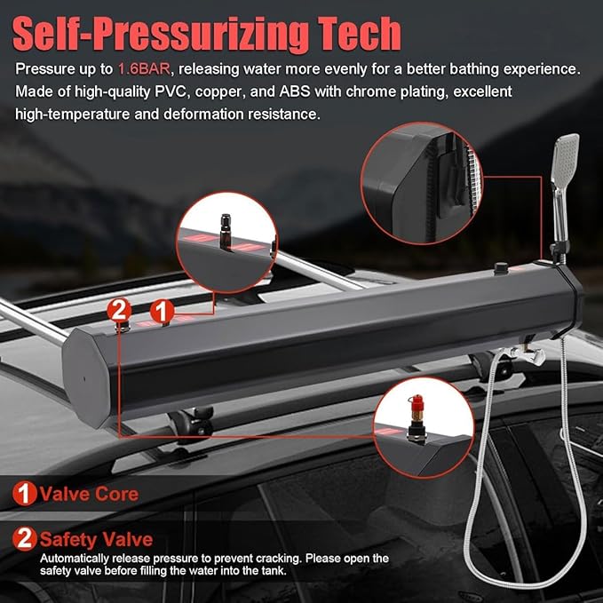 Portable Water Tank for Vehicles18L/20L/30L Roof Rack Shower Self-Pressurized Solar Shower Rinse Kit(1.6Bar)Multi-Functional Overland Showerfor Outdoor Showers Pet &amp Gear Cleaning