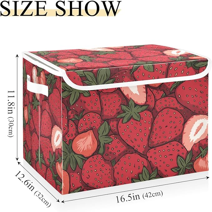 Storage Bins with Lids Storage Containers Box Organizer Bin Basket with Handles for Closet Shelves Clothes Stackable Foldable Decorative Cartoon Red Strawberry