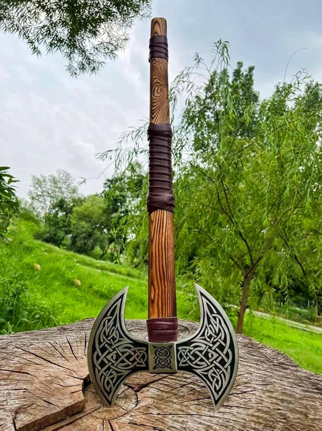 DARK WARRIOR Handmade Double Head Berserker Axe Large Norse Viking Axe Hand Forged High Carbon Steel Axe with Leather Sheath Forest Hewing Broad Hunting Dane Axe with Wood Handle