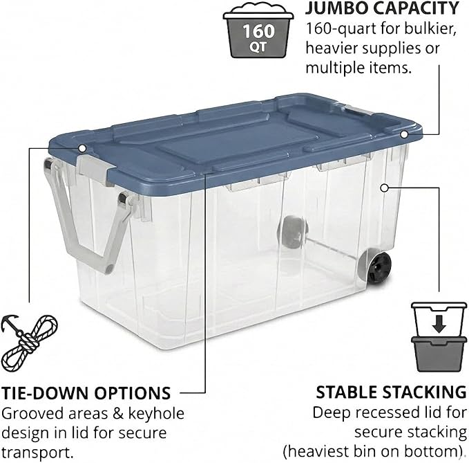 Storage Bins with Wheels 160 Quart 2 Pack Heavy Duty Clear Plastic Totes with Ergonomic Handle Non-Slip Latches Large Stackable Storage Containers for Home &amp Garage (Clear Blue)