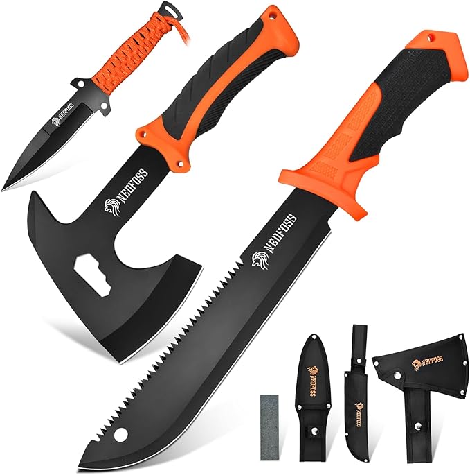 NedFoss 15 Inch Machete 10 Inch Camping Axes and Hatchets Machetes Knife Set with Shock Reduction Handle Machete for Yard Work Cutting Trees Heavy Duty Bushcraft Garden Clearing Survival Gifts