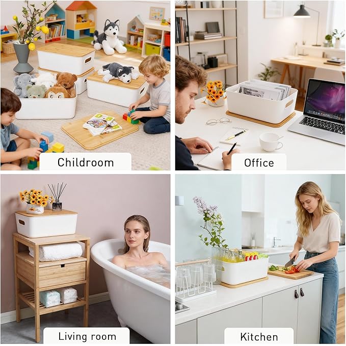 Citylife Storage Bins with Bamboo Lids 16QT Plastic Storage Containers Stackable Organizer Boxes with Handle for Desk Snacks Toys 2 PCS 15 L x 10.6 W x5.8 H