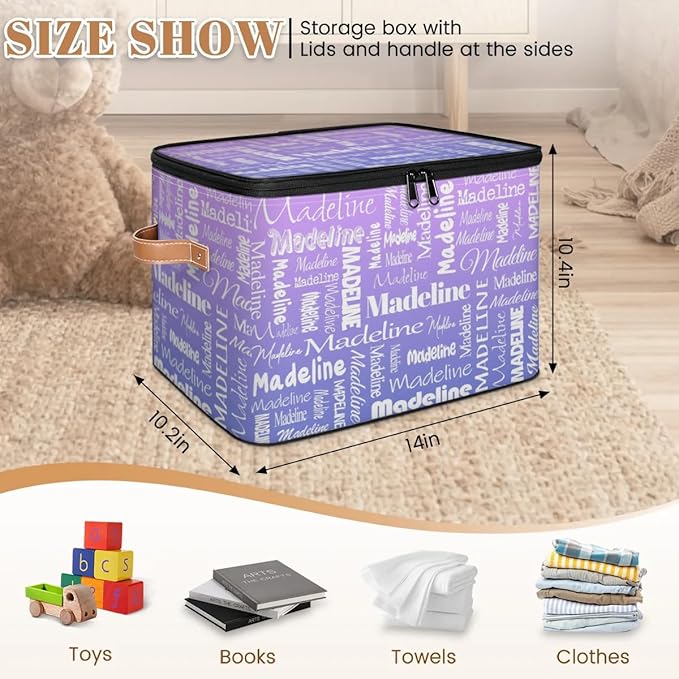 Custom Storage Basket with Name Personalized Keepsake Box with Zipper Lid Foldable Fabric Memory Bin Large capacity with Handle Purple