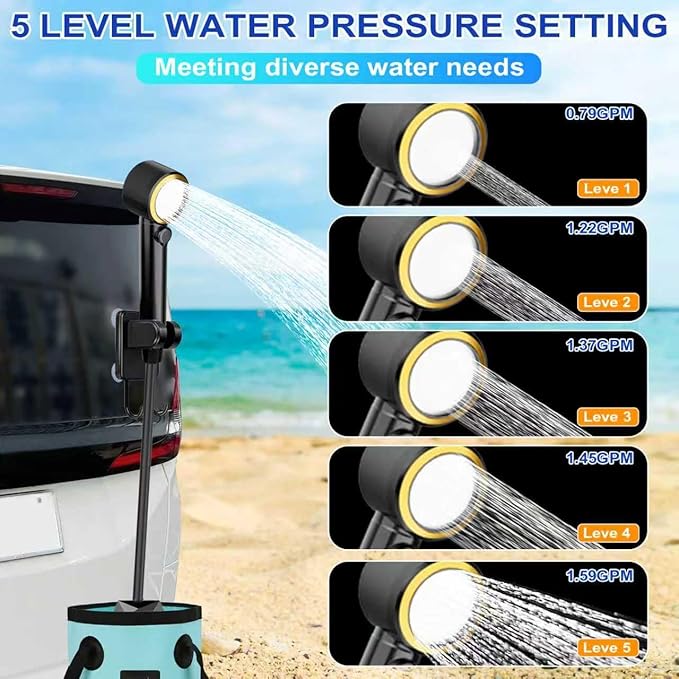 Upgraded Camping Light Portable Shower 5 Pressure Levels Rechargeable Camping Shower Pump with 20L Foldable Bucket &amp Intelligent LED Display 6000mAh Outdoor Shower for Camping Hiking Travel Ca
