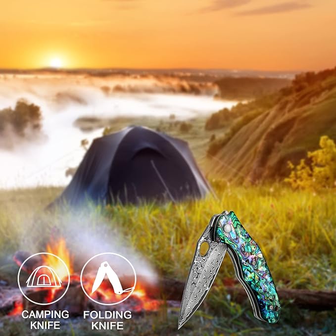 Benkey Damascus Pocket Knife Sharp VG10 Core Damascus Steel Folding Knives with True Abalone Shells Handle Leather Sheath Ball Bearing Liner Lock Lightweight Damascus Knife for EDC Men Women