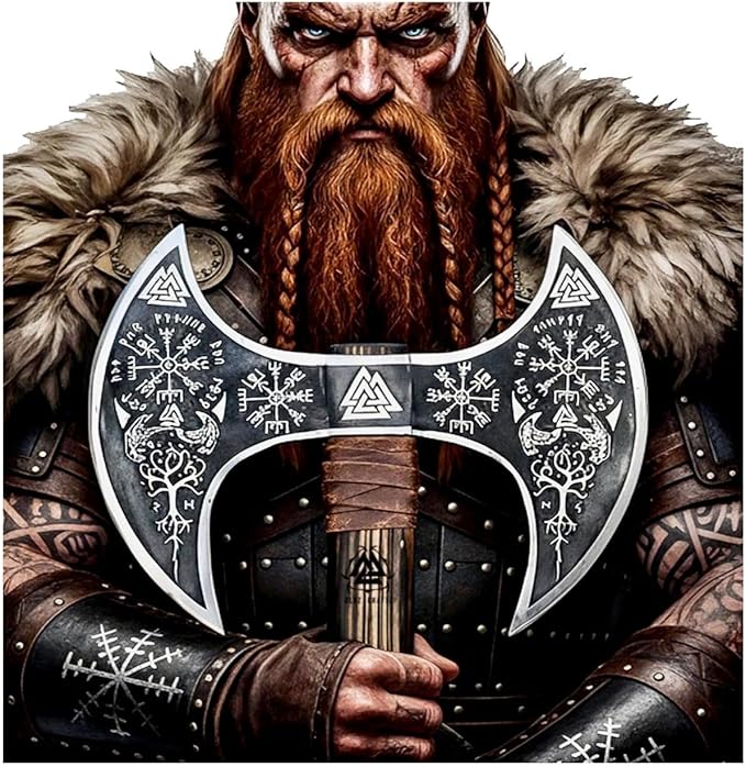 Medieval Viking Double Headed Axe – Double Sided Axe - Full Engraved Beautiful BattleVikings Twin Blades Authentic Two Sided Hatchet Norse Berserker Ax Carved Shaft with Leather Sheath