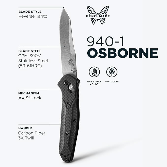 Benchmade - Osborne Every Day Outdoor Folding Knife Reverse Tanto Blade with Black Carbon Fiber Handle (940-1)
