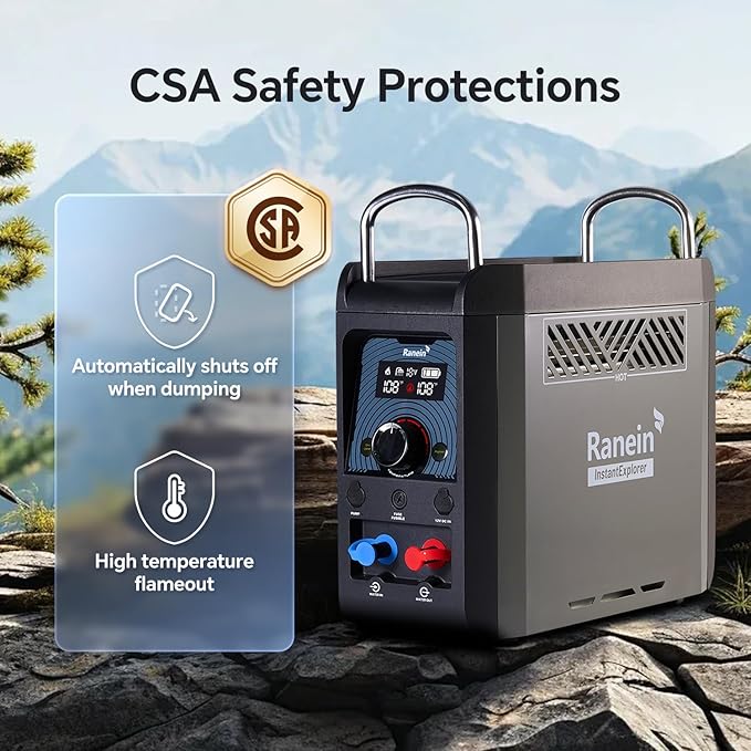 Ranein Portable Propane Water Heater for Camping On-Demand Outdoor Hot Shower Built-In 4000mAh Rechargeable Battery Compact Instant Hot Water Heater