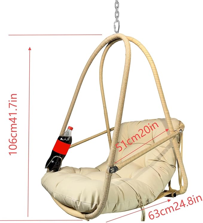 Foldable Rattan Hanging Egg Chair with Guardrail and Cup Holder for Indoor and Outdoor Relaxation in Patio Garden or Living Space - Ergonomic Design with Cushion and Pillow