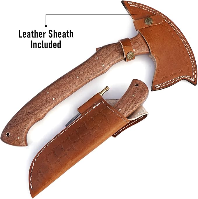 Hand Forged Tomahawk Throwing Axe and Bushcraft Knife Set Heavy Duty D2 Steel Tomahawk Throwing Axe and Bushcraft Knife Set with Leather Sheath Perfect Combo for Outdoorsmen
