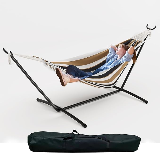 Double Cotton Hammock with Steel Stand for Outside Brazilian Style 450lbs Capacity Portable Indoor Outdoor Lounger with Carry Bag 2-Person Capacity Ideal for Backyard Garden Camping Brown