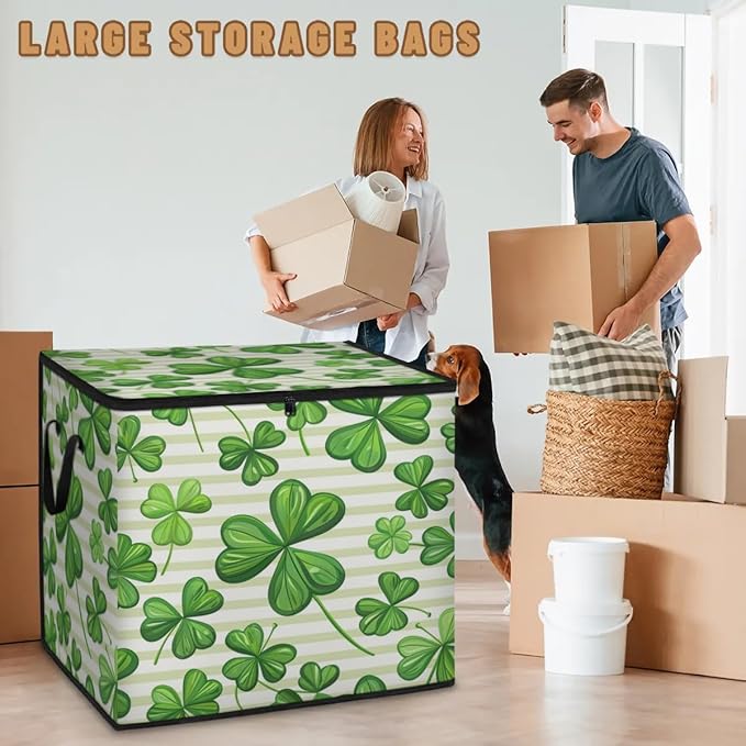 XL Large Clothes Storage with Lid Handle St.patrick's Day Large Thick Clothes Blanket Storage Containers for Organizing Bedroom Closet Comforter Clover Branches Green Leaves