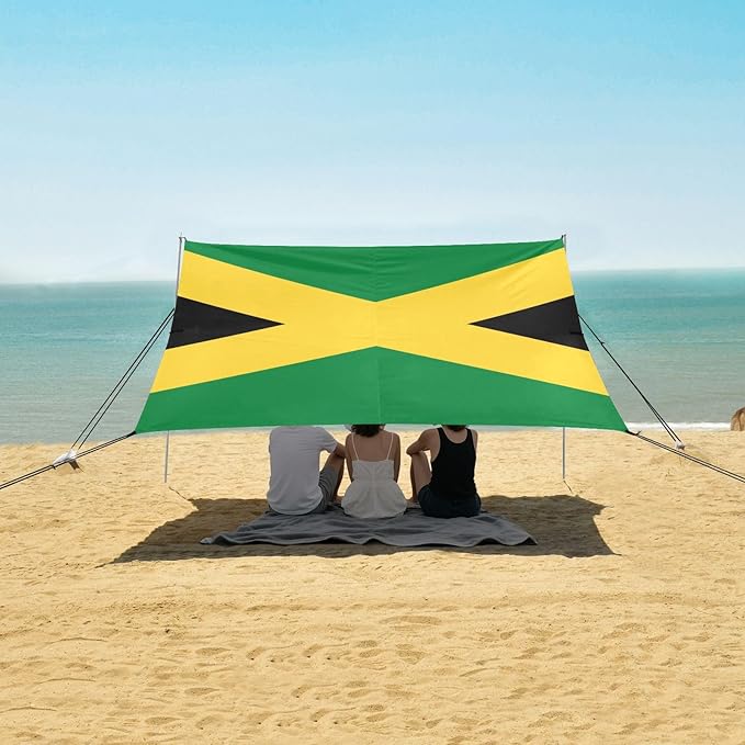 Jamaica Flag Beach Tent UPF50+ Protection Easy Setup Shade Sun Shelter with Sandbags Sand Shovel Poles for Backyard and Camping