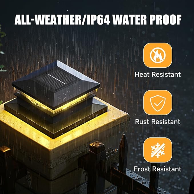 Solar Post Cap LightsFence Post Solar Lights 8 Pack Waterproof Outdoor Light for Garden Deck Patio Black Deck Posts Light with 2 Color ModesFor 4x4 5x5 6x6 Wooden/Vinyl/Aluminium Posts