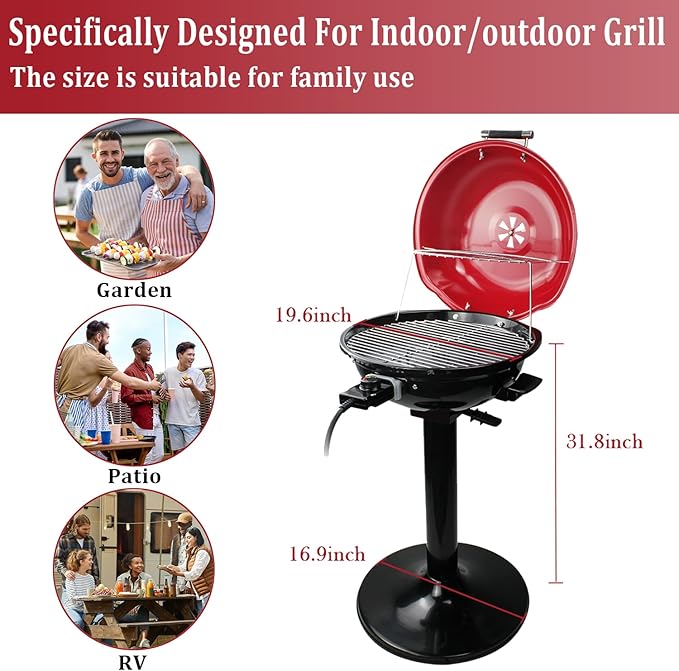 Electric Grill Outdoor BBQ Techwood 15-Serving Indoor/Outdoor Electric Grill for Indoor &amp Outdoor Use Double Layer Design Portable Removable Stand Grill 1600W (Stand Red BBQ Grills)