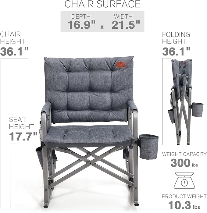 EVER ADVANCED Lightweight Folding Rocking Camping Chair Padded Portable Rocker Chair for Patio Lawn and Outdoors Heavy Duty Hard Armchair for Adults Grey