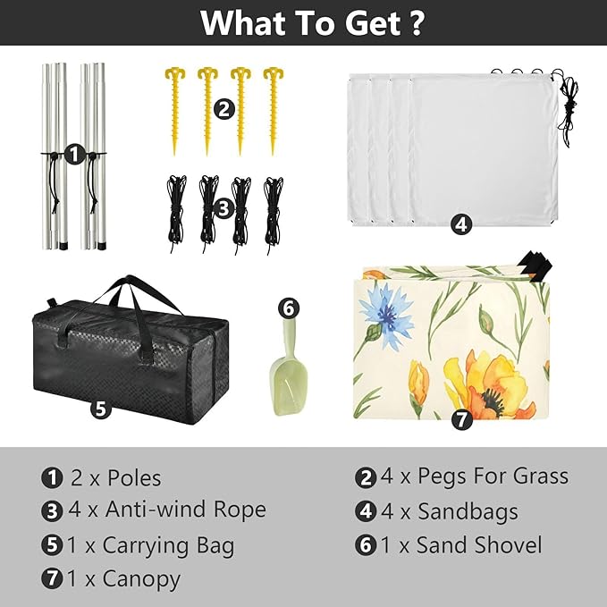 xigua Wildflowers Beach Tent Sun Shelter with Carrying Bag - Silver Coated Oxford Fabric Beach Canopy for Beach Camping Fishing - Includes Windproof Ropes Sandbags &amp Stakes