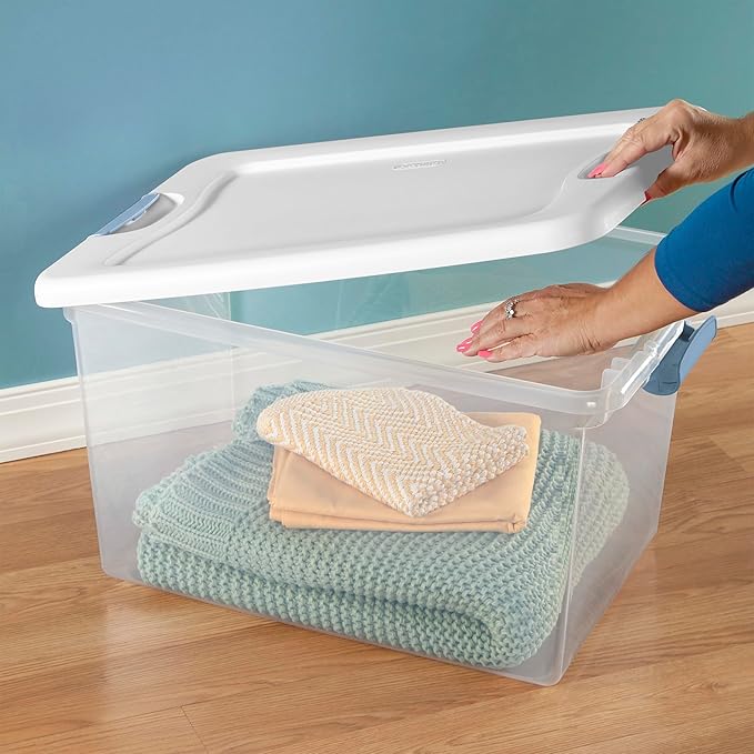 Sterilite 12 Pack Latching Box Under Bed Storage Bins with Lids Clear Plastic 64 Quart - Heavy-Duty Organizing Containers for Closet Bathroom and Office