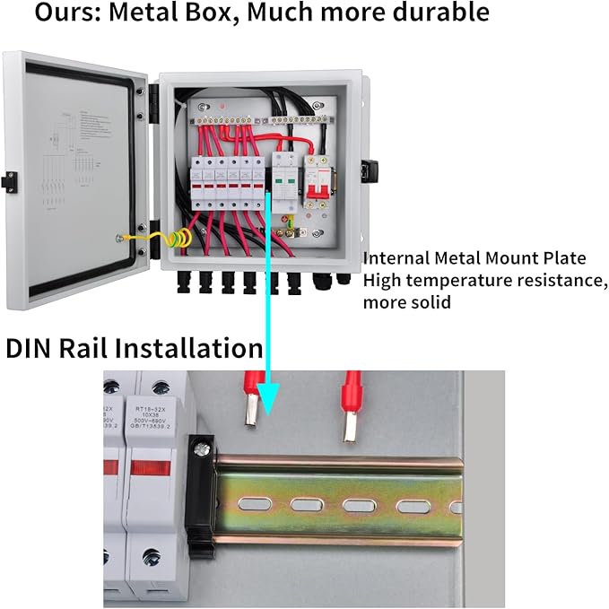 PV Combiner Box 6 String Solar Combiner Box with 15A Rated Current Fuse Surge Protective Device and 63A Air Circuit Breaker for On/Off Grid Solar Panel System Pre-Wired Cable Metal Box