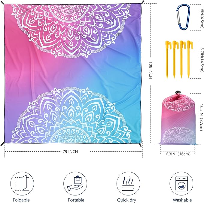 WIWIGO Beach Blanket Waterproof Sandproof Beach Mat 79 X 83/10'x9'for 2-8 Adults Quick Drying Outdoor Picnic Mat Beach Accessories for Travel Camping Hiking