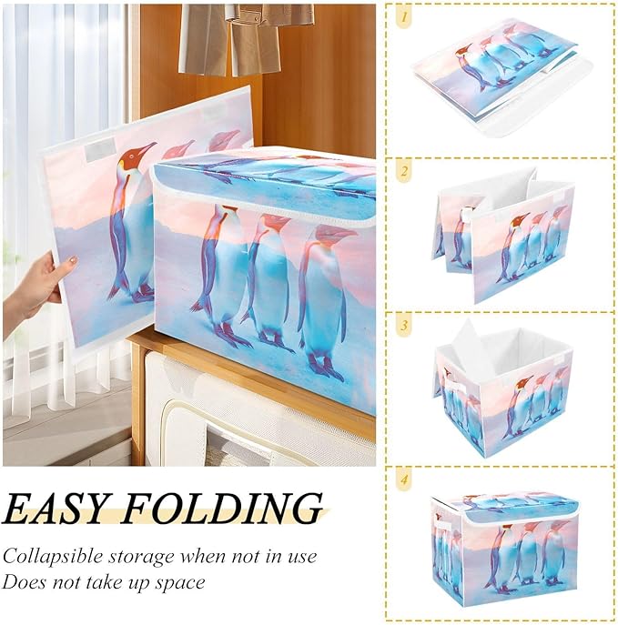 Storage Cube with Lid Surreal Penguin Print 16.5×12.6×11.8 IN Collapsible Large Capacity Foldable Storage Basket Bin Organizer