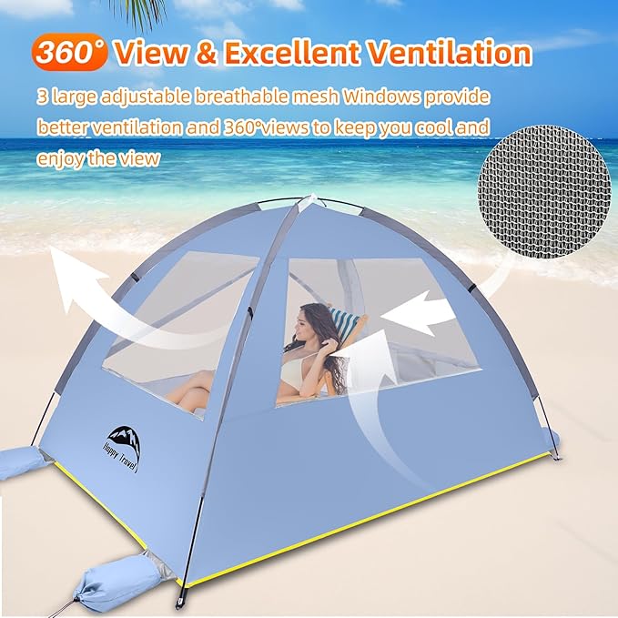 Happy Travel Beach Tent Sun Shelter for 3/4/5/6/7/8 Person Portable UPF 50+ UV Protection Beach Shade Canopy for Family &amp Baby Lightweight &amp Easy Setup Beach Cabana with 3 Ventilation Mesh W