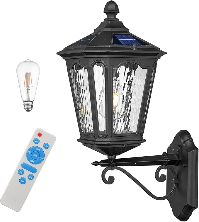 Solar LED Wall Light Outdoor with Remote Control 22'' Front Door Sconce Dusk to Dawn 3 Lighting Modes Solar Exterior Wall Lantern Outside Lights for Patio Doorway Porch Walkway Black