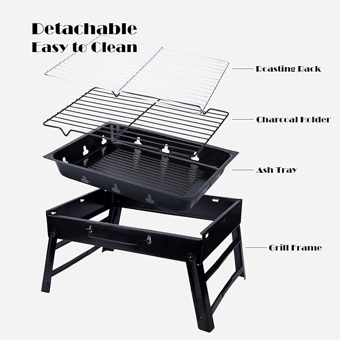 Portable Charcoal Grill for Camping Tailgating Beach Boating Foldable Small Barbeque Grill for Outdoors Lightweight Tabletop BBQ Grill Set with Tongs Gloves Scrubber (14''x10'')