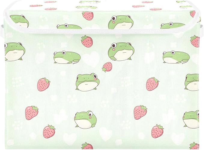AIXIWAWA Lidded Storage Cube (Strawberry Frog) Fabric Foldable Closet Bins with Flip Lid and Handles Organizer Basket Container 16.5 x 12.6 x 11.8 IN