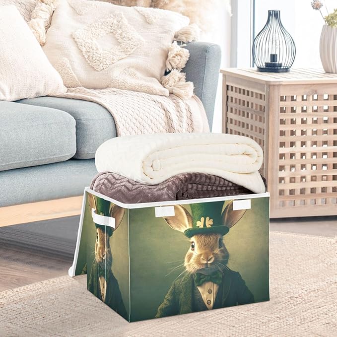 Storage Cube with Lid Saint Patrick’s Day Rabbit Print 16.5×12.6×11.8 IN Collapsible Large Capacity Foldable Storage Basket Bin Organizer