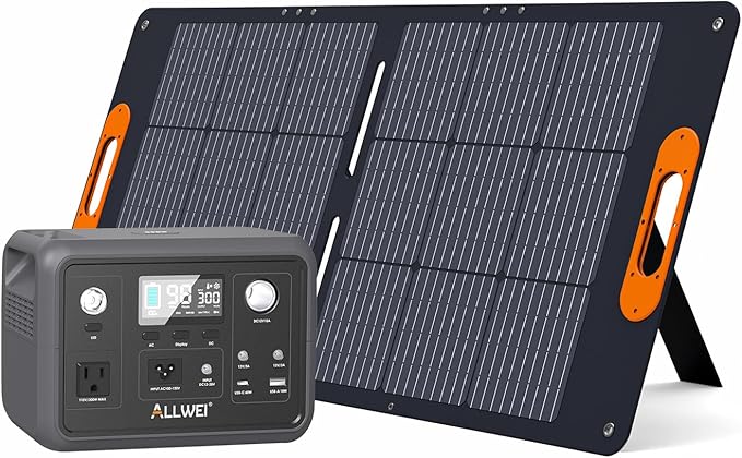 ALLWEI 300W/256Wh LiFePO4 Solar Generator with 100W Solar Panel Included Portable Power Station with AC Outlet USB Port Solar Powered Battery Generator for Outdoor Camping Home Backup Power Outage