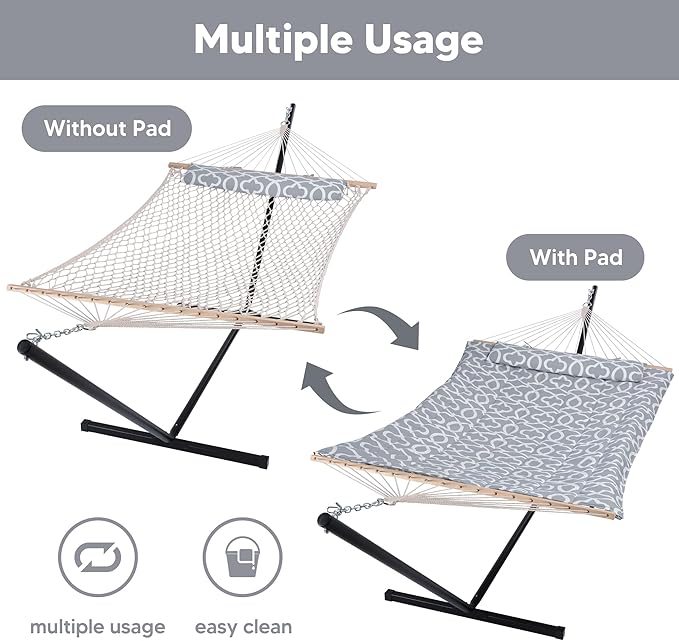 SUNCREAT Outdoor Double Hammock with Stand Two Person Cotton Rope Hammock with Polyester Pad Circle Pattern