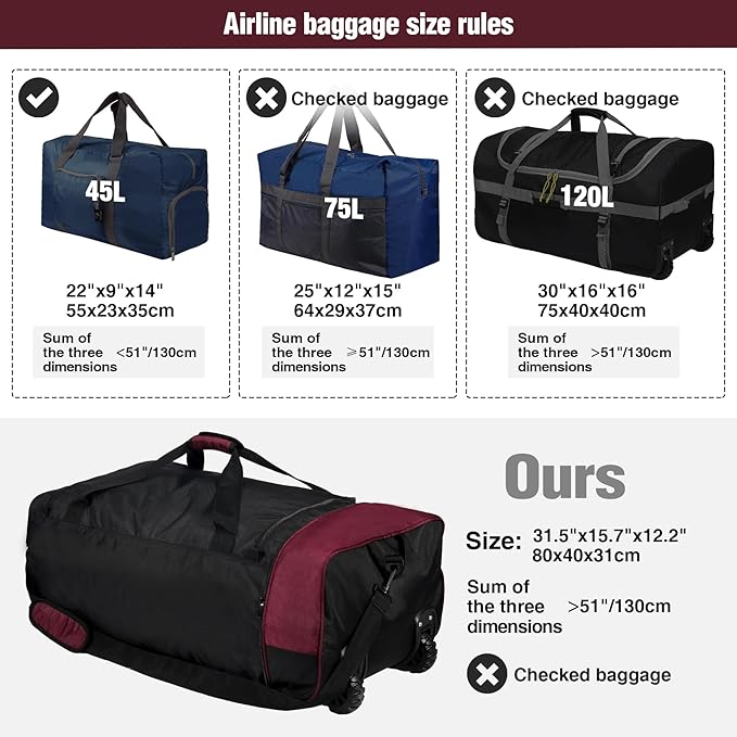 REDCAMP 85L/120L/140L Foldable Duffle Bag with Wheels Large Travel Duffel Bag