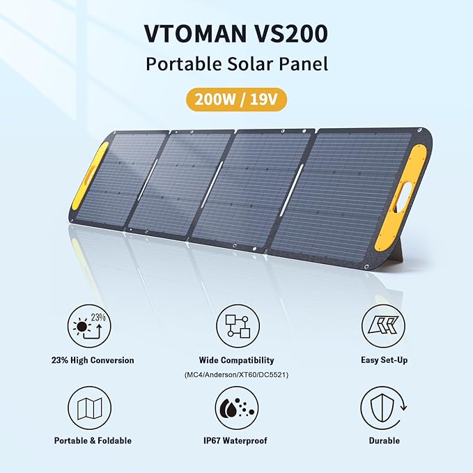 VTOMAN VS200 Portable Solar Panel for Power Station 200W 19V Foldable Solar Panel w/Supporting Stand High 23% Efficiency IP67 Waterproof Solar Panel Kit for Backyard Trip Off Grid System