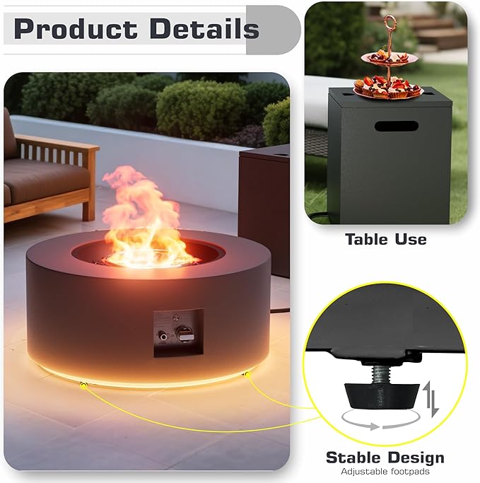 2-Piece 30 LED Round Propane Fire Pit for Outside Patio with Hidden Tank Table 50000 BTU Fireplaces with Lid Glass Rocks Cover(Dark Grey w/Golden Light)