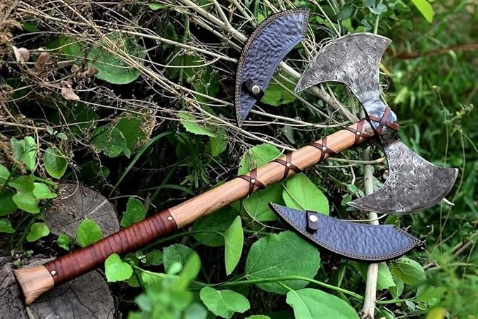 Viking Axe Double Headed Custom Handmade Carbon Steel Axe - Ash Wood Shaft Leather Wrap - Hunting Axe - Best Anniversary &amp Birthday Gift for Him by Empire Industry