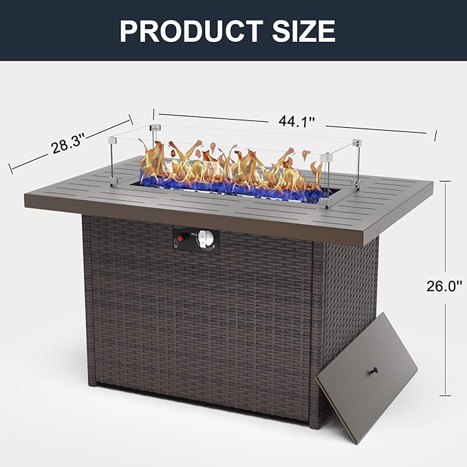 44 Inch Propane Gas Fire Pits Table for Outside Patio 60000 BTU Rectangular Outdoor Wicker Rattan Fire Pit with Glass Wind Guard