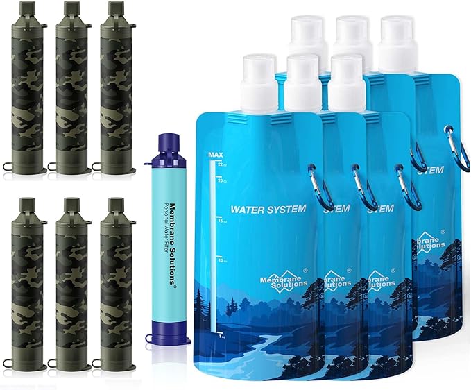 Membrane Solutions Squeezable Water Filtration System Survival Water Purifier Kit Portable Backpacking Gear Including Water Filter Straw and 23oz Collapsible Bottle for Hiking Camping Travel(7+6)