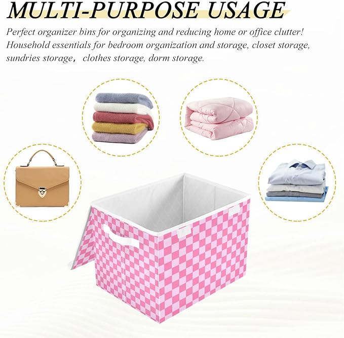 Collapsible Storage Bins with Lids Decorative Fabric Storage Cubes Closet Organizer and Storage Basket Boxes Containers for Clothes Box Chest Nursery Folding Rectangle Checkered Pink