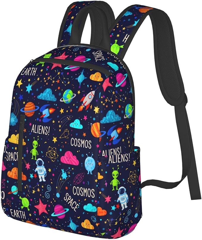 Cartoon space rockets astronaunt planets stars alien art Travel Backpack Water Resistant Bookbag
